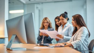 Team collaborating at a bookkeeping firm in Abu Dhabi with modern setup and financial documents.