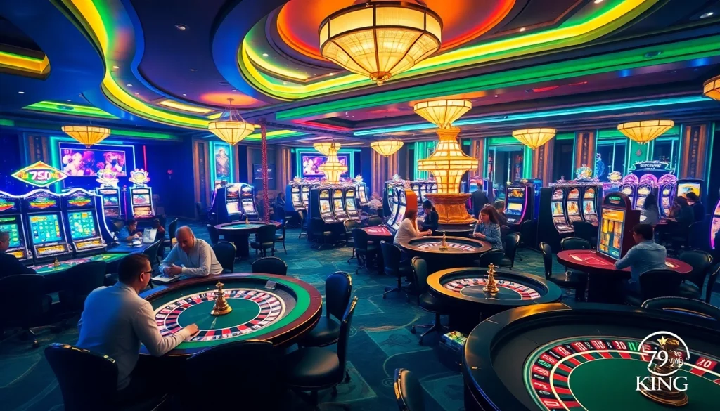 Players enjoying games and celebrating wins at 79king casino tables, showcasing luxury and excitement.
