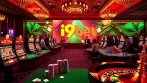 Players enjoying an exciting moment at i9bet's online casino, featuring vibrant gaming elements.