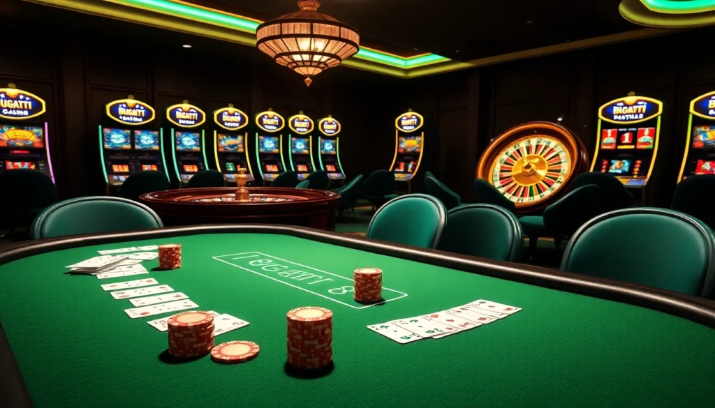 Experience high-stakes gaming at Bugatti8, featuring vibrant chips and an elegant roulette wheel.