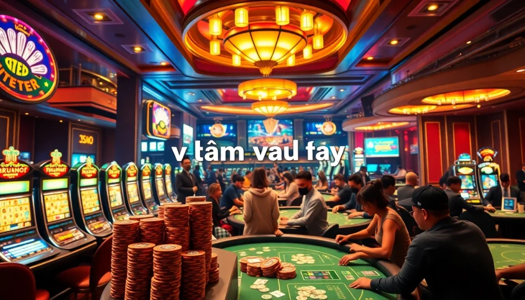 A thrilling casino atmosphere featuring excitement at poker tables, rich decor, and vibrant slot machines evokes "Nếu như vậy bám vào đây" moments.