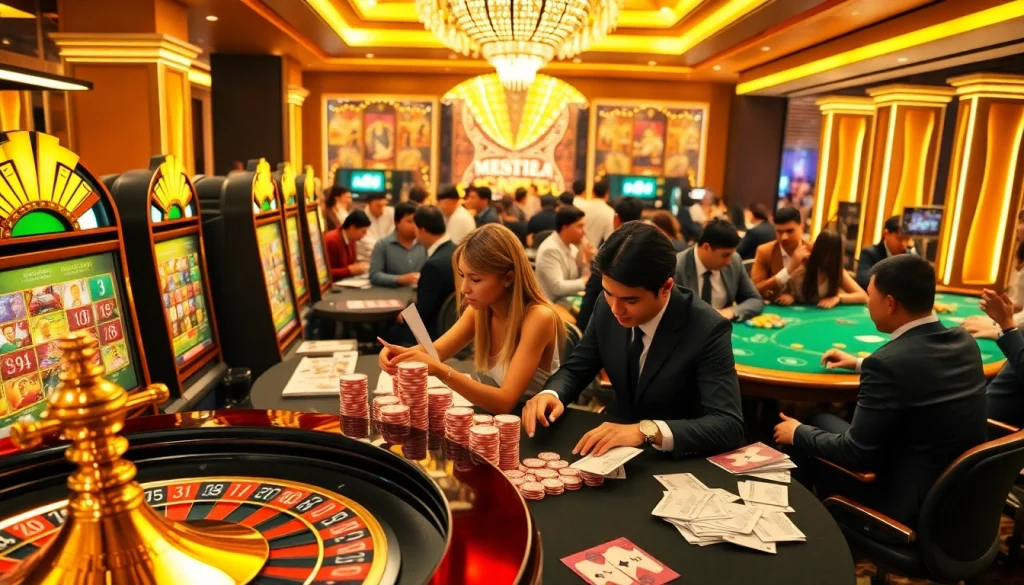 Players enjoying a thrilling casino experience at vn88 with vibrant slot machines and engaging tables.