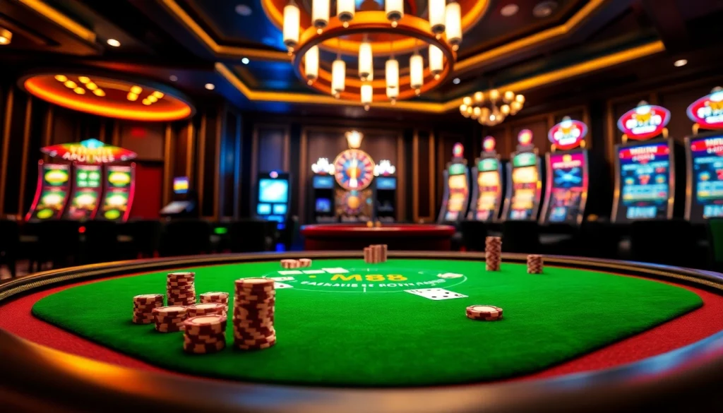 Experience the thrill of MM88 at a luxurious poker table with vibrant colors and exciting gameplay.