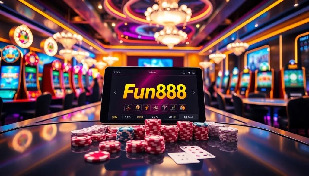 Players enjoying an immersive Fun88 gambling experience with poker and slot machines.