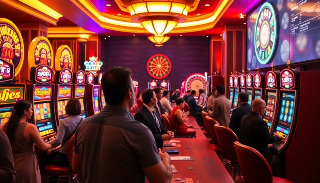 Players engaging with slot machines in a vibrant 슬롯커뮤니티 atmosphere, highlighting excitement and community.