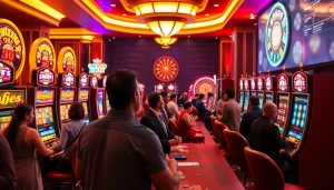 Players engaging with slot machines in a vibrant 슬롯커뮤니티 atmosphere, highlighting excitement and community.