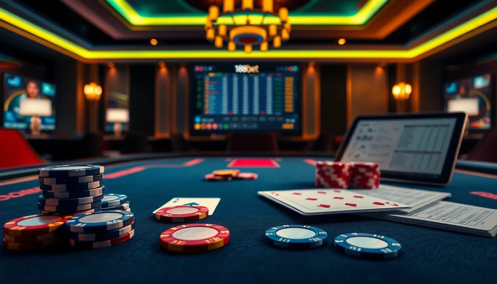 Experience the excitement of 188bet with vibrant casino visuals featuring chips, cards, and online betting.