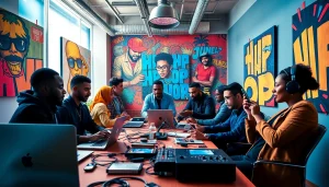 Engaging team of hip hop publicists strategizing in a vibrant office, showcasing the expertise of a leading hip hop PR firm.