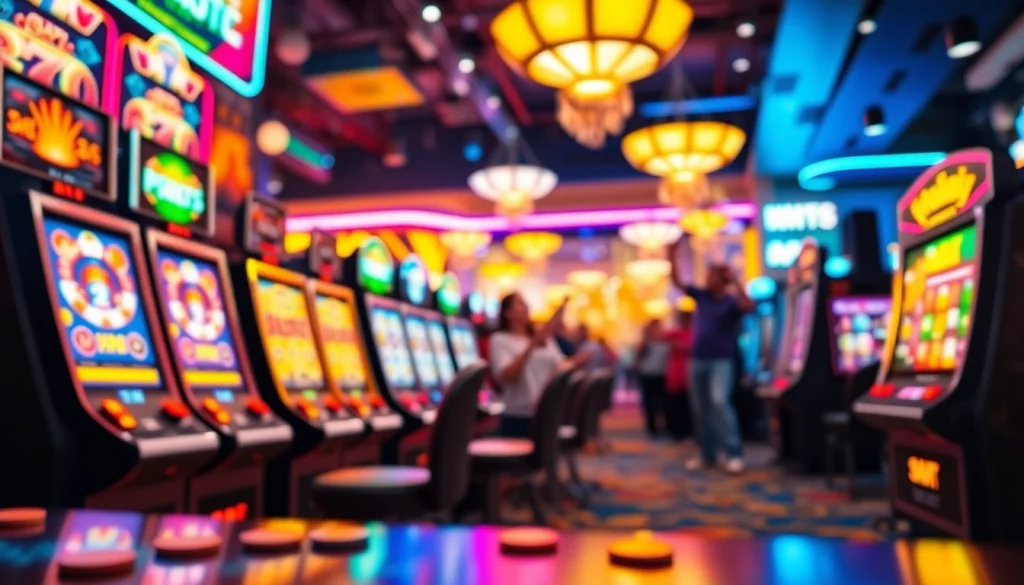 Menggambarkan pengalaman petanitoto dengan mesin slot yang menampilkan cahaya neon yang cerah.