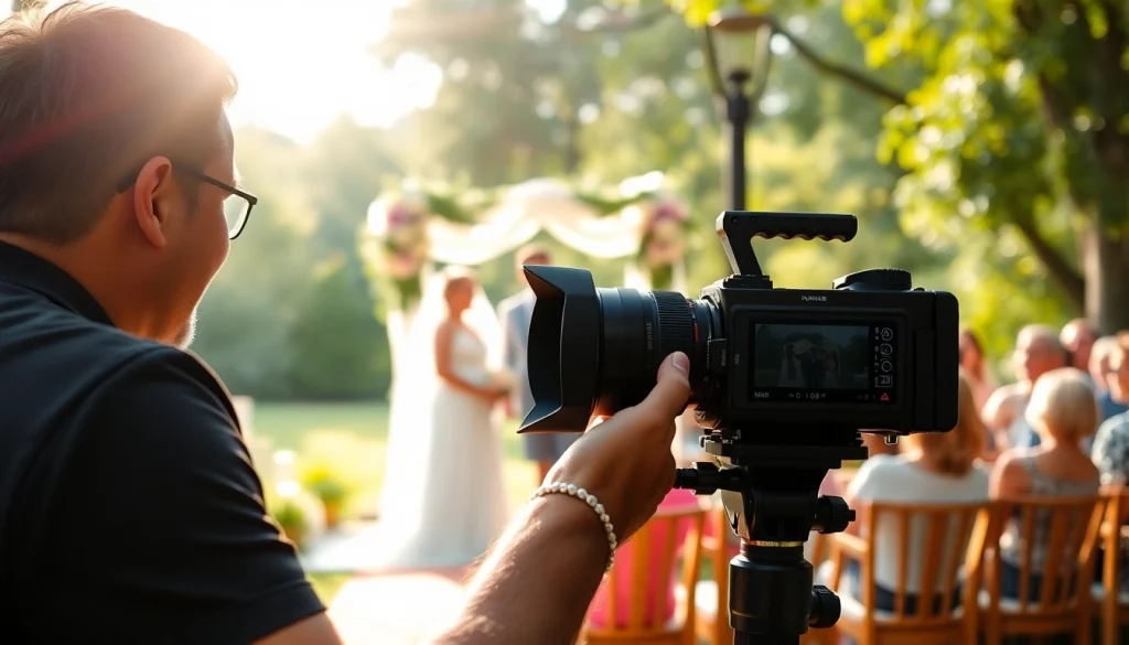 Videographer expertly filming an outdoor wedding ceremony with a beautiful backdrop.