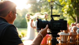 Videographer expertly filming an outdoor wedding ceremony with a beautiful backdrop.