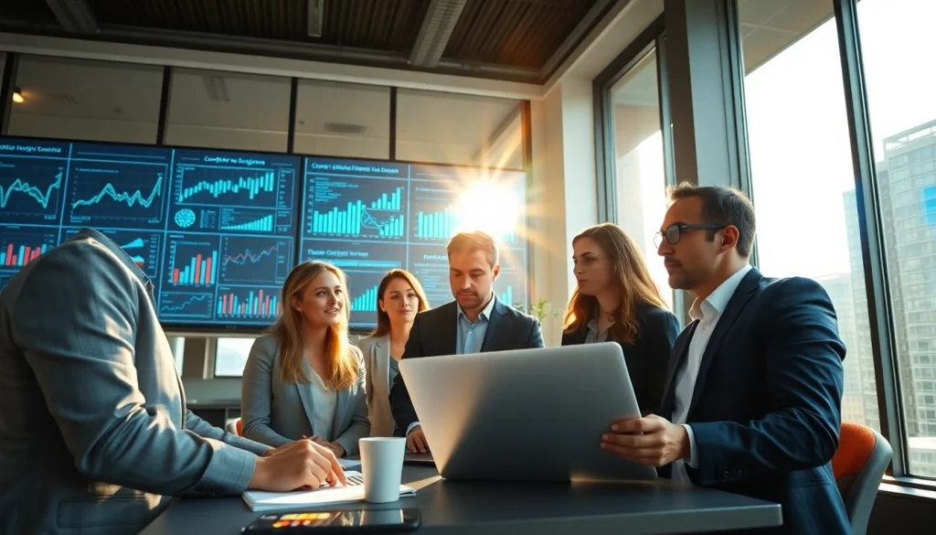 Analyze competitive intelligence data with a dynamic team in a modern office setting.