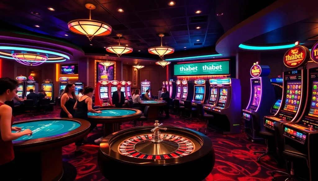 Engaging scene of players enjoying games at Thabet's luxurious casino, featuring slot machines and roulette.