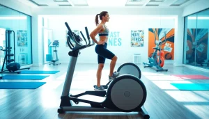 Elliptical machine manufacturer showcasing a modern fitness studio with high-quality elliptical in use.