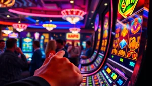 Slot bet 50 ditampilkan dalam suasana kasino yang meriah dengan pemain yang bersemangat.