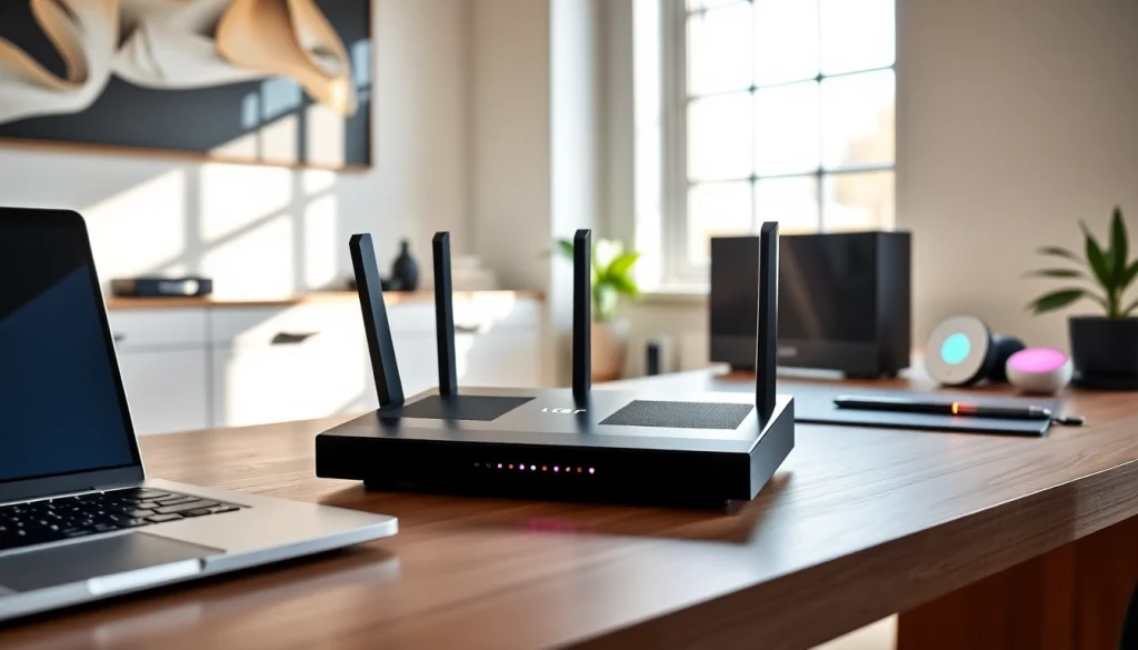 Set up of a pre configured VPN router UK showcasing modern home office tech.