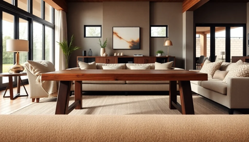 Showcasing custom furniture in a stylish, modern living room setting with a wooden table.