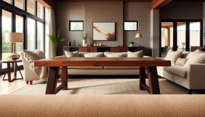 Showcasing custom furniture in a stylish, modern living room setting with a wooden table.