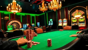 W88 casino scene showcasing intense poker action and vibrant slot machines.