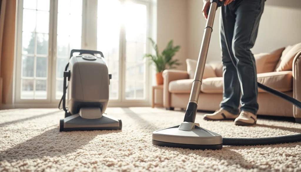 Efficient carpet cleaners Roseville CA showcasing their skills in a well-lit living room.