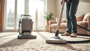 Efficient carpet cleaners Roseville CA showcasing their skills in a well-lit living room.
