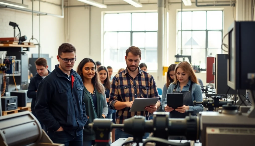 Students learning trades at a Trade School In Tennessee, collaborating in a bright classroom environment.