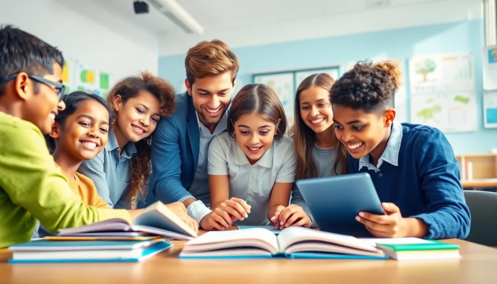 Students collaborating in a modern classroom, highlighting innovative education.