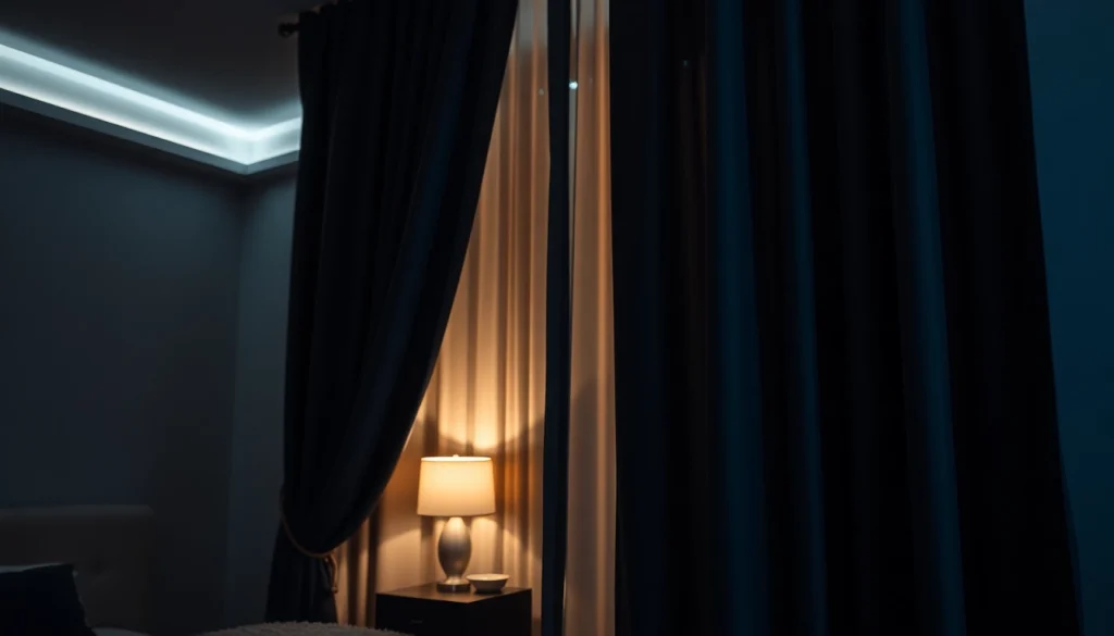 Verduisterende gordijnen sieren een serene slaapkamer met een warme, uitnodigende uitstraling.