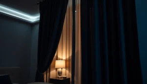 Verduisterende gordijnen sieren een serene slaapkamer met een warme, uitnodigende uitstraling.