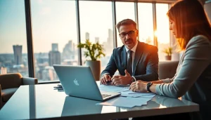 Tax consultant collaborates with a client in a modern office setting.