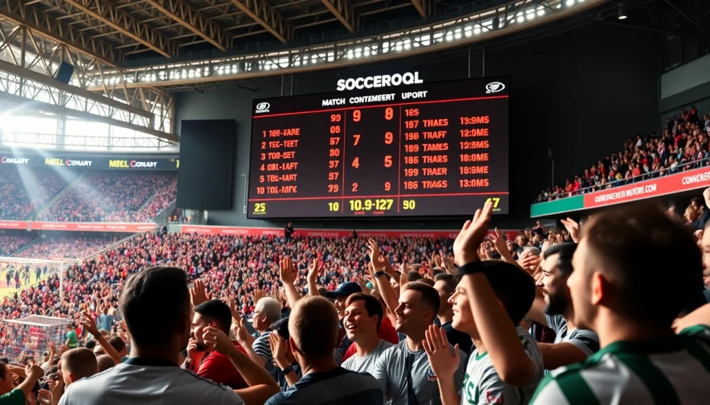 อัปเดตผลบอลสด7m บนกระดานคะแนนในสนามฟุตบอลที่มีแฟนบอลคอยเชียร์