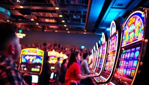 Menangi slot depo 1k saat bermain mesin slot dengan suasana kasino yang hidup.