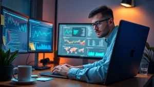 Web scrapping analysis on multiple screens by a focused developer in a tech workspace.