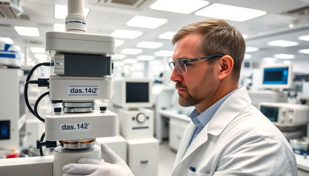 Technician calibrating das 142 dosimetry equipment in a modern lab setting.