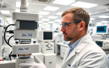 Technician calibrating das 142 dosimetry equipment in a modern lab setting.