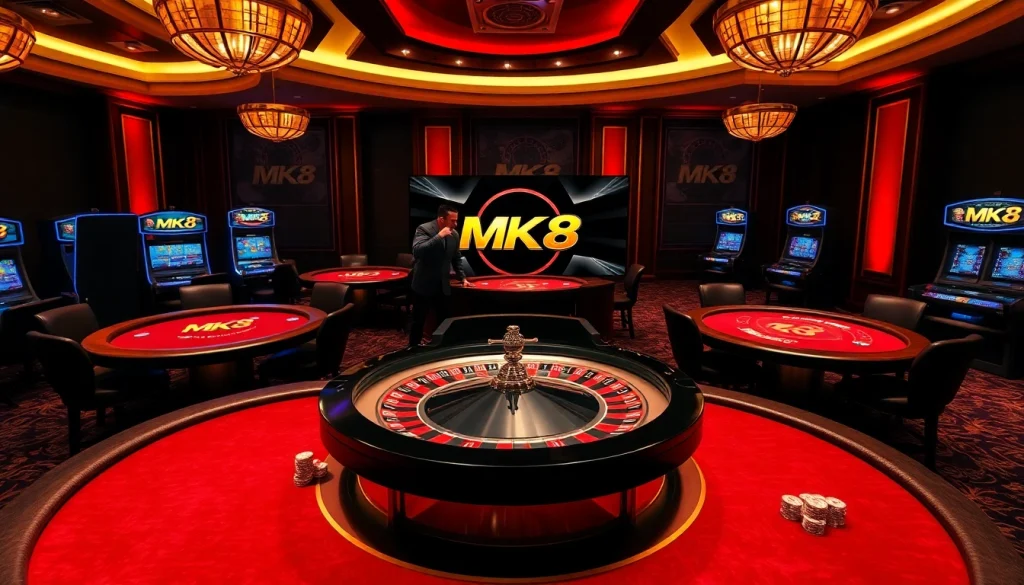 Participate in thrilling MK 8 casino gaming with luxurious tables and roulette wheels.