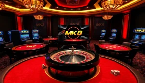 Participate in thrilling MK 8 casino gaming with luxurious tables and roulette wheels.