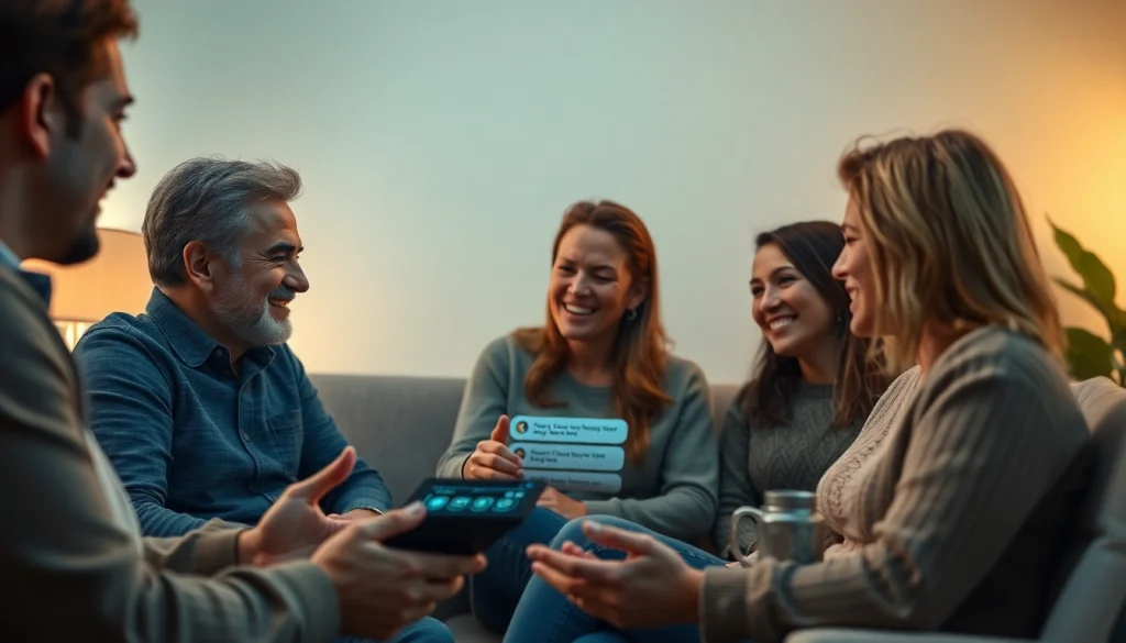 Engaging AI sex chat conversation in a cozy setting with diverse individuals.