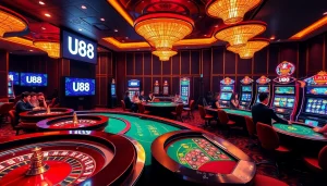 Exciting U88 gaming scene with poker chips and roulette tables at a vibrant casino.