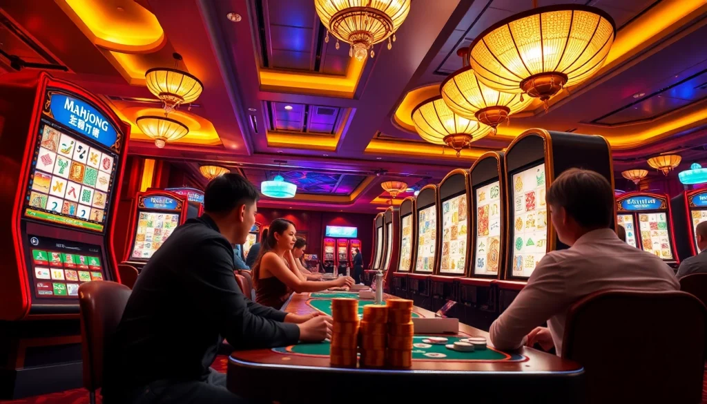 Players enjoying Mahjong Ways 2 slot game with vibrant tiles, capturing the thrill of winning in a luxurious casino.