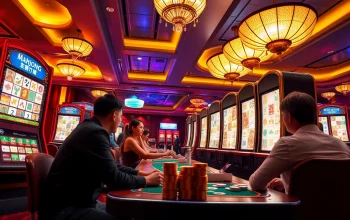 Players enjoying Mahjong Ways 2 slot game with vibrant tiles, capturing the thrill of winning in a luxurious casino.