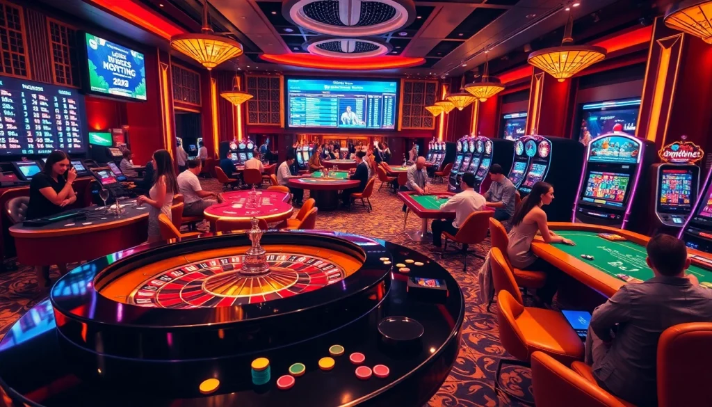 Players enjoying a vibrant casino atmosphere at mk8th.net with roulette, poker, and slot machines.