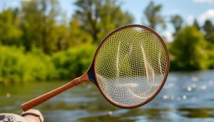 Fly fishing net showcased beautifully in riverside setting, highlighting its craftsmanship.