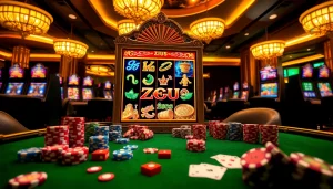 Putar mesin slot Zeus yang berwarna-warni dengan petir dan simbol kemenangan di tengah suasana kasino mewah.