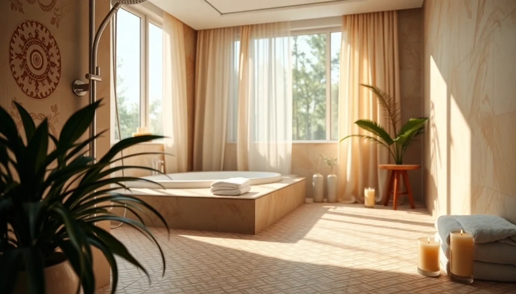 Experience a refreshing sunny shower in a tranquil spa setting, blending relaxation and luxury with earthy tones.