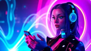 NSFW AI character in a vibrant cyberpunk setting, engaging in interactive chat