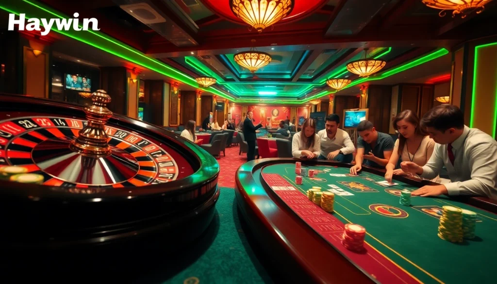 Exciting gameplay at Haywin casino, showcasing a roulette wheel and poker table filled with colorful chips.