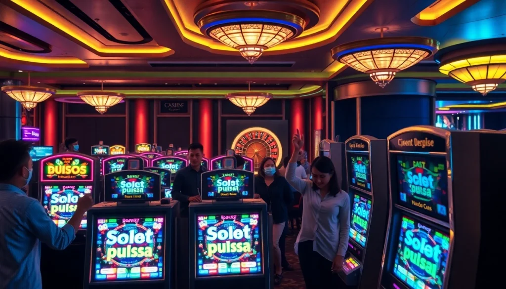 Pemain menikmati permainan slot deposit pulsa di mesin kasino mewah dengan lampu berkedip dan chip berwarna-warni.