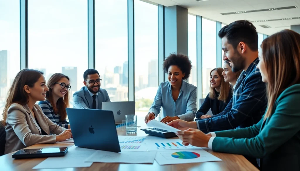 Engaged business team discussing growth strategy trends in a modern office.