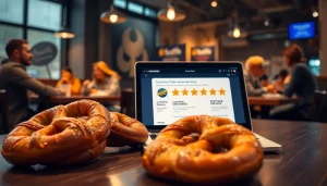Pretzel warranty customer reviews and ratings showcased on a laptop with inviting café atmosphere.